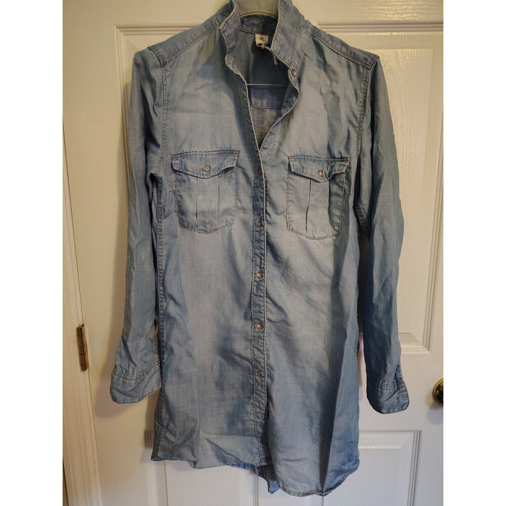 &DENIM Women’s Blue Solid Denim Collared Button Front Long Sleeve Shirt 8